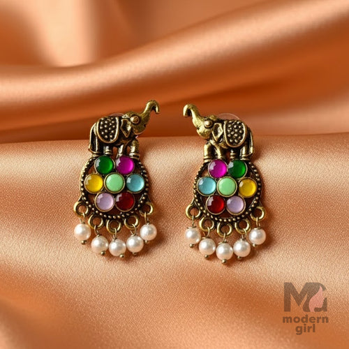Elephant Motif Navratna Pearl Drop Earrings – German Silver