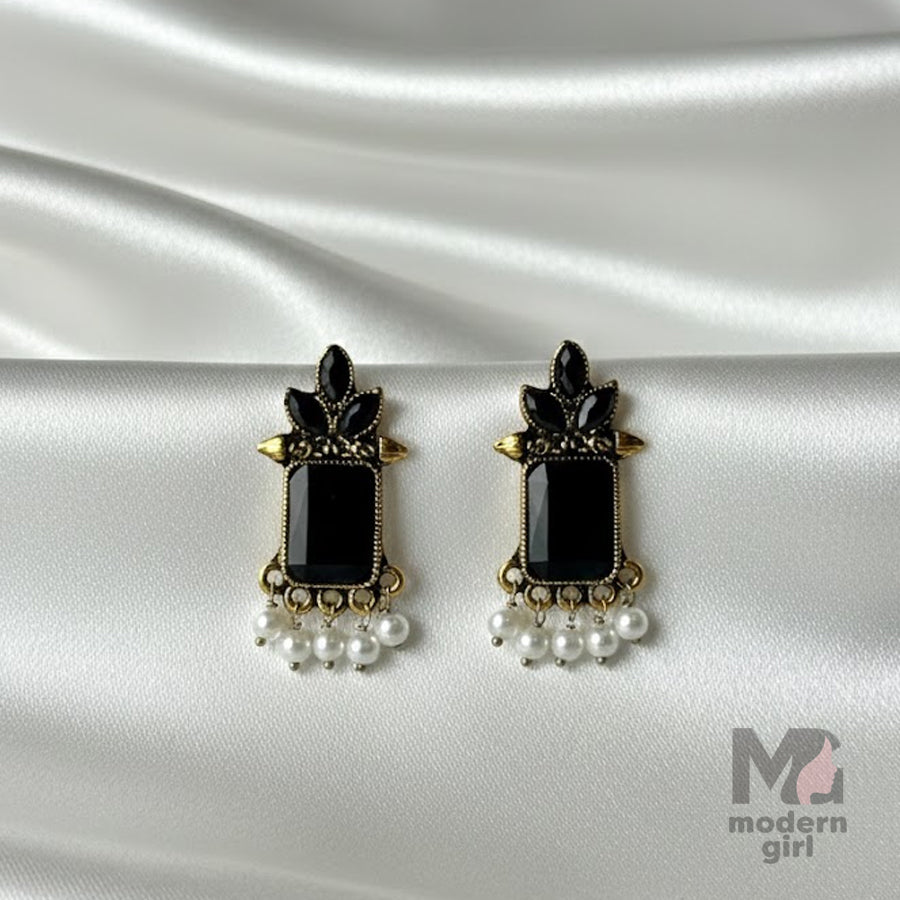 Classic Pearl Drop Stud Earrings – German Silver (Antique Finish)