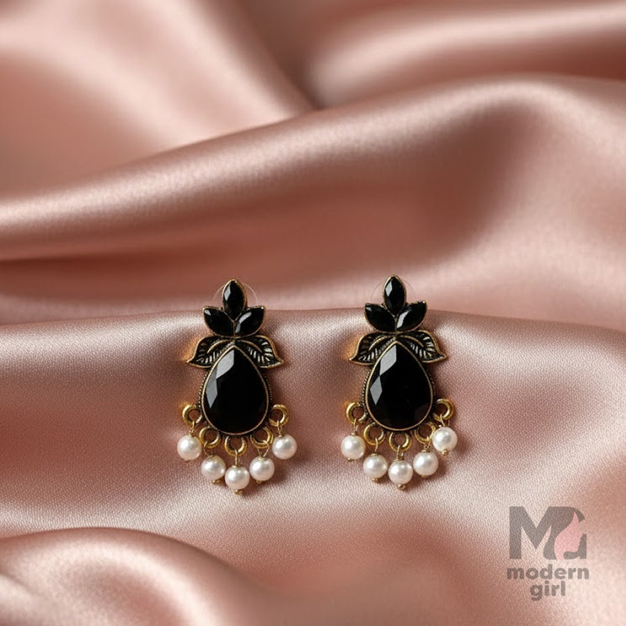 Black Onyx Pearl Drop Stud Earrings – German Silver (Antique Finish)