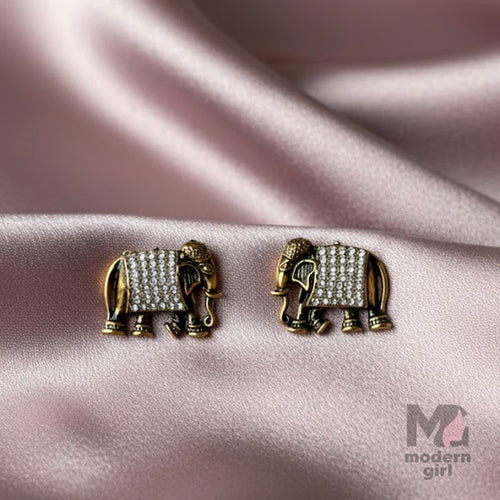 Elephant Motif Pearl Stud Earrings – German Silver (Antique Finish)