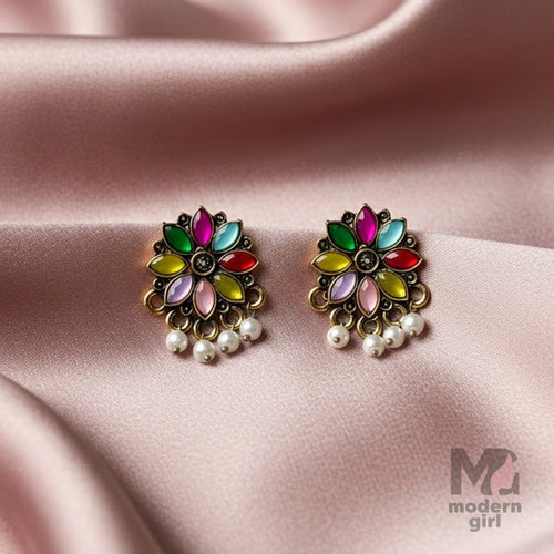 Multicolor Floral Pearl Stud Earrings – German Silver (Antique Finish)