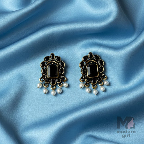 Black Stone Pearl Drop Stud Earrings – German Silver (Antique Finish)