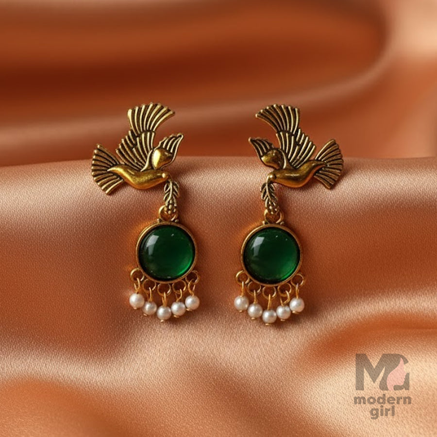 Flying Bird Pink Stone Drop Earrings with Pearl Danglers