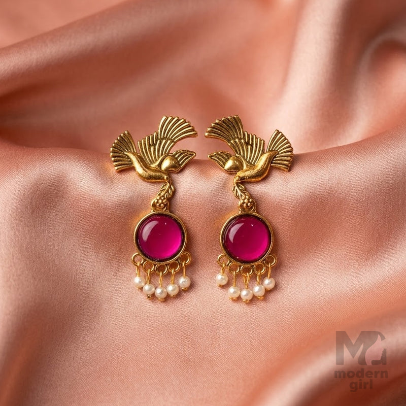 Flying Bird Pink Stone Drop Earrings with Pearl Danglers