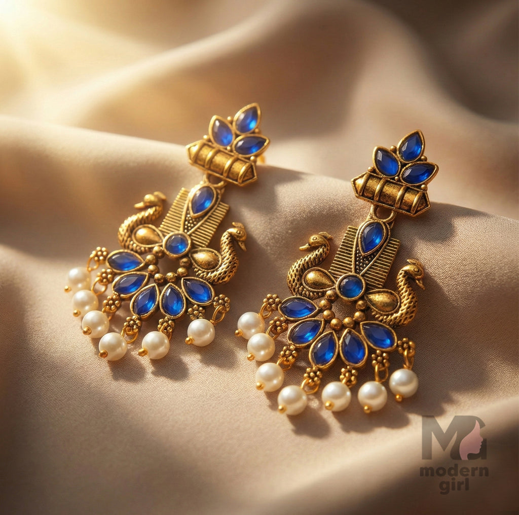 Royal Peacock Temple Earrings for Women | Designer Pearl Drop Ethnic Jewelry