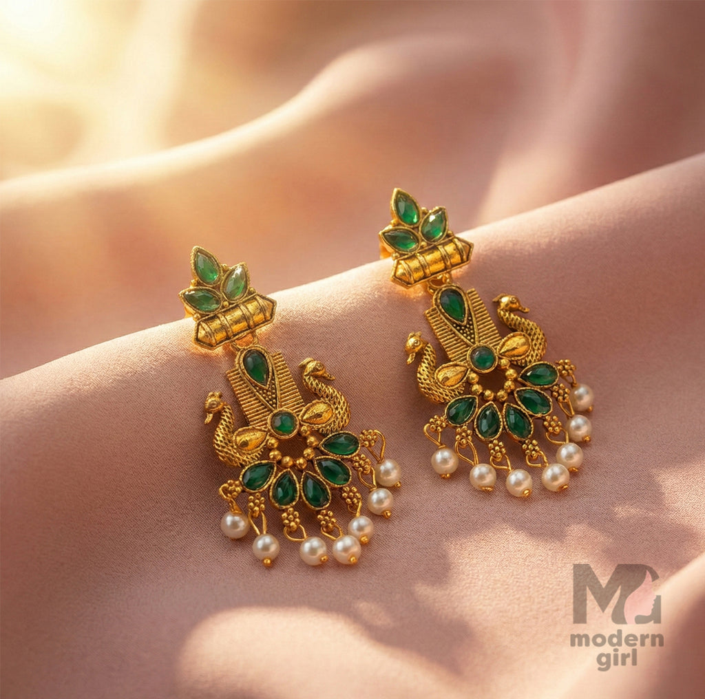Royal Peacock Temple Earrings for Women | Designer Pearl Drop Ethnic Jewelry