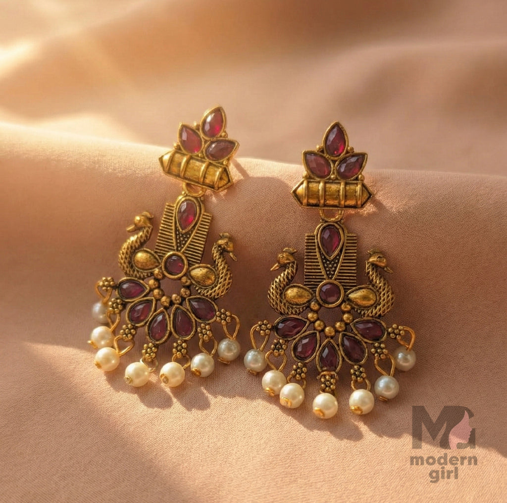 Royal Peacock Temple Earrings for Women | Designer Pearl Drop Ethnic Jewelry