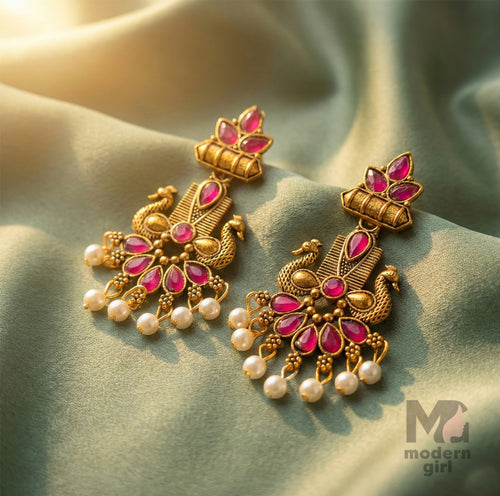 Royal Peacock Temple Earrings for Women | Designer Pearl Drop Ethnic Jewelry