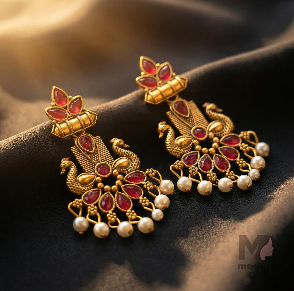 Royal Peacock Temple Earrings for Women | Designer Pearl Drop Ethnic Jewelry