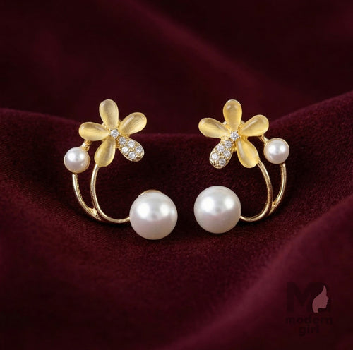 Luxury Gold & Silver Flower Pearl Designer Stud Earrings