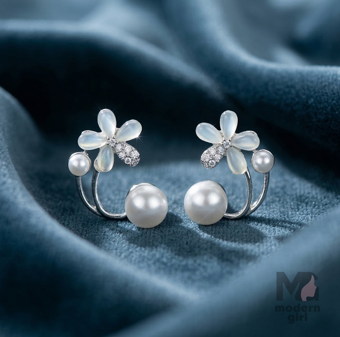 Luxury Gold & Silver Flower Pearl Designer Stud Earrings