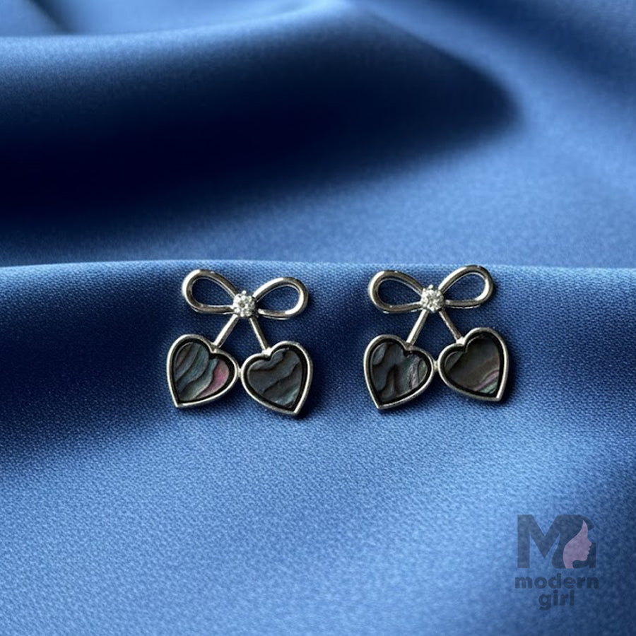 Black Heart Bow Silver-Tone Stud Earrings – Cute Minimal Daily Wear