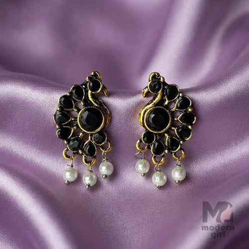 Peacock Stud Earrings with Silver Beads