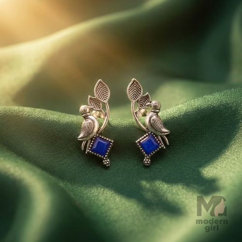 Silver Bird Leaf Emerald Stone Earrings