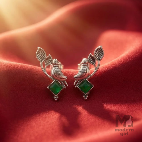 Silver Bird Leaf Emerald Stone Earrings