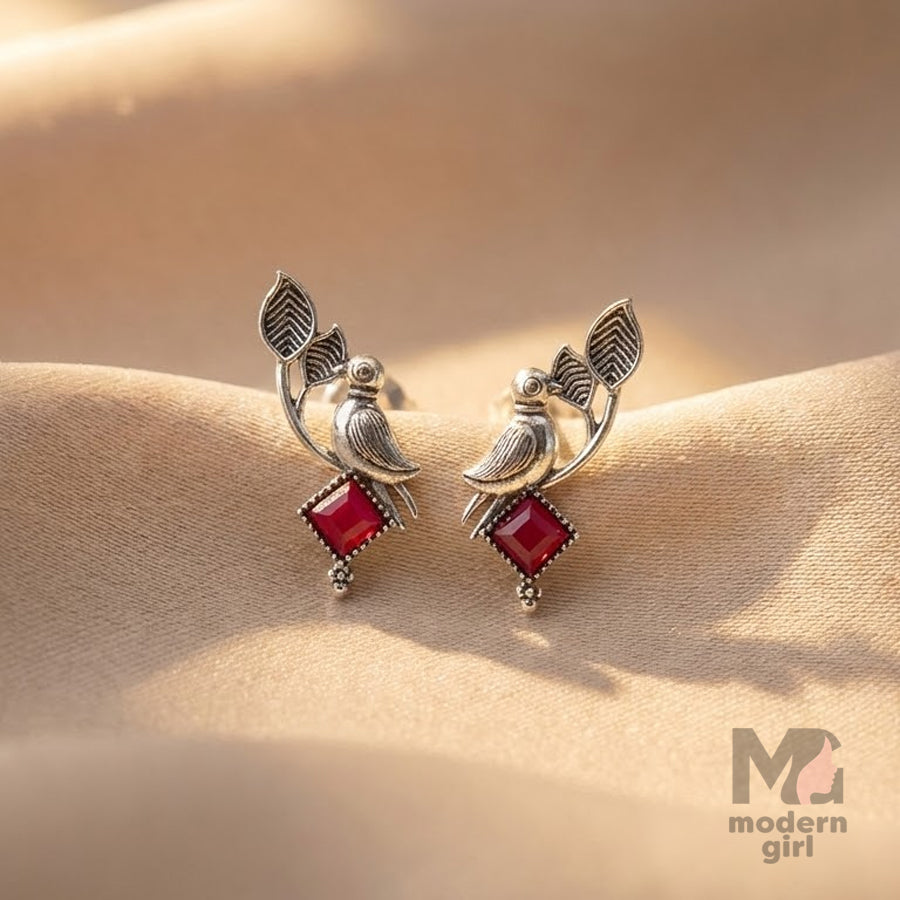 Silver Bird Leaf Emerald Stone Earrings