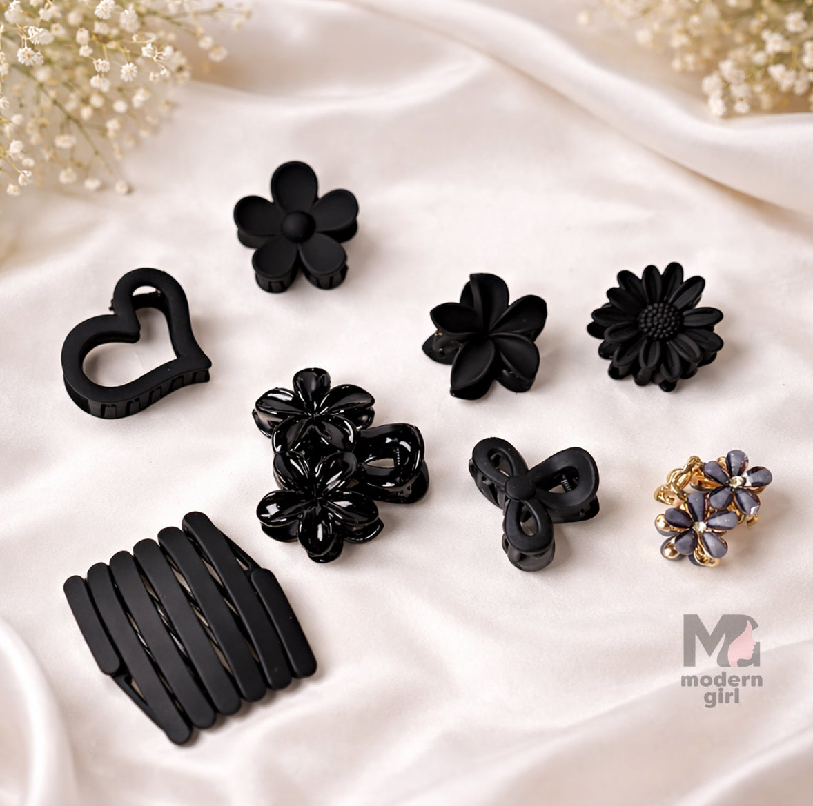 Premium Matte Black Floral Hair Claw Clips Set – 8-Piece