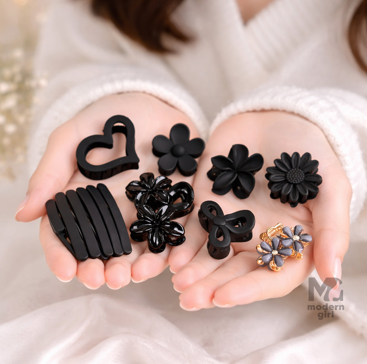Premium Matte Black Floral Hair Claw Clips Set – 8-Piece