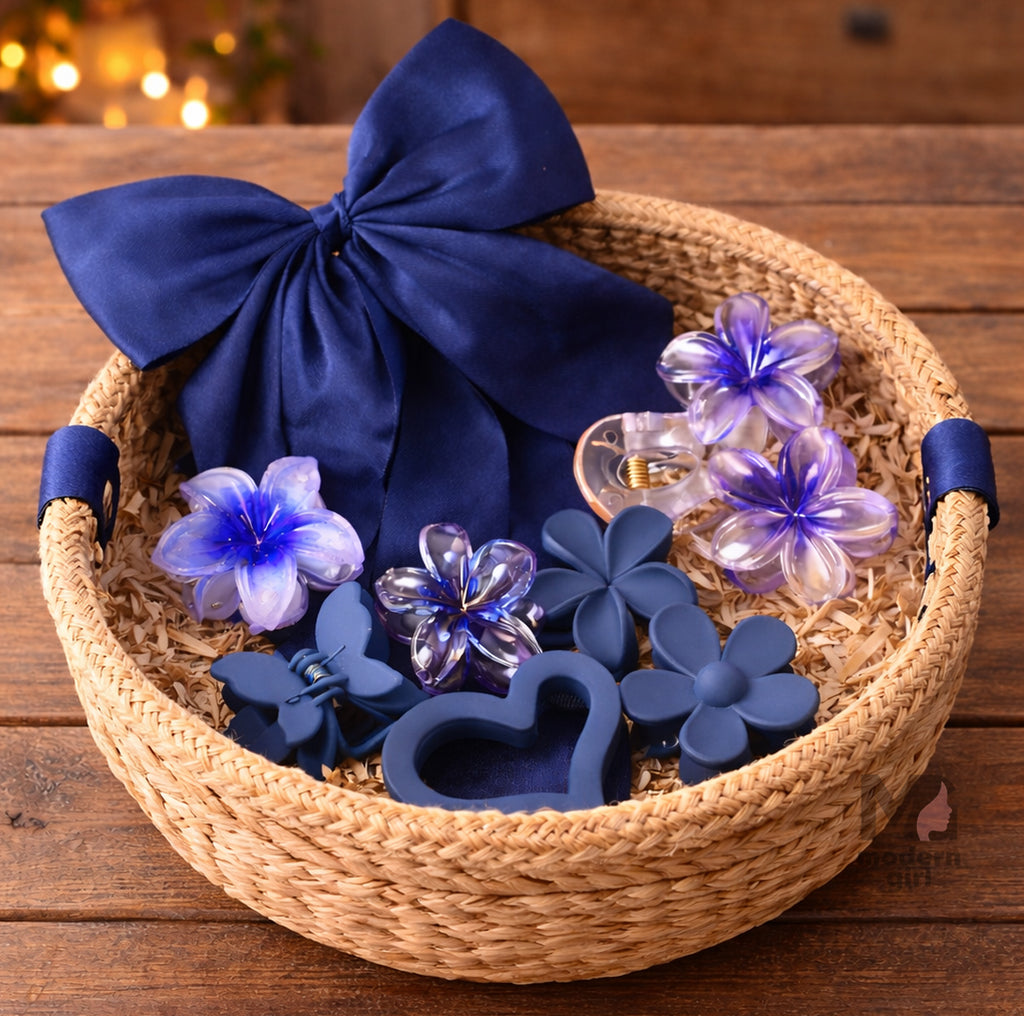 Midnight Bloom Hair Accessory Gift Combo – Navy Blue