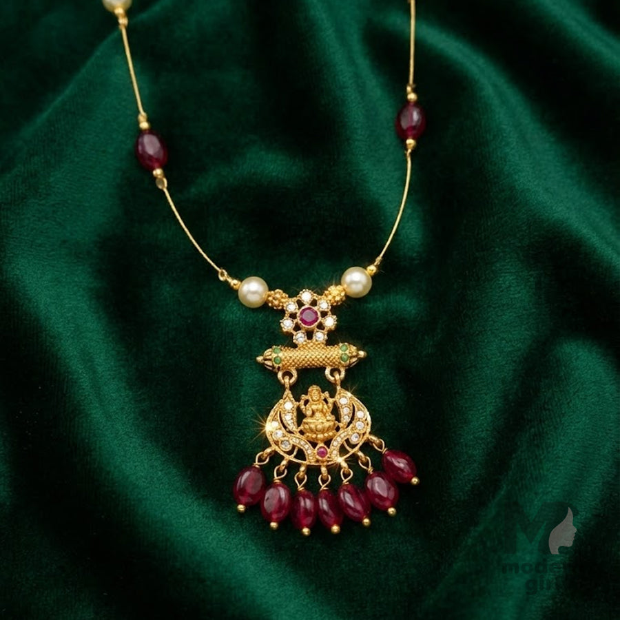 Invisible Chain Temple Necklace with Pearls & Maroon Beads