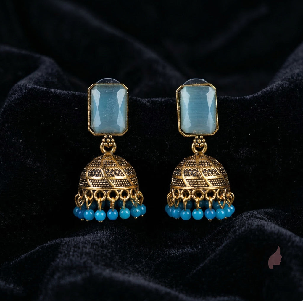 Geometric Stone Jhumka Earrings with Beaded Drops | Antique Ethnic Jewelry for Women