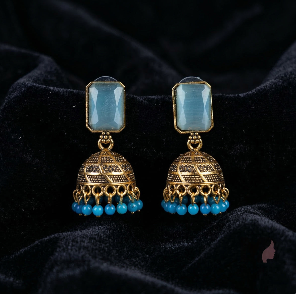 Geometric Stone Jhumka Earrings with Beaded Drops | Antique Ethnic Jewelry for Women