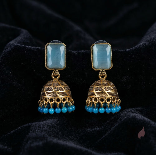 Geometric Stone Jhumka Earrings with Beaded Drops | Antique Ethnic Jewelry for Women