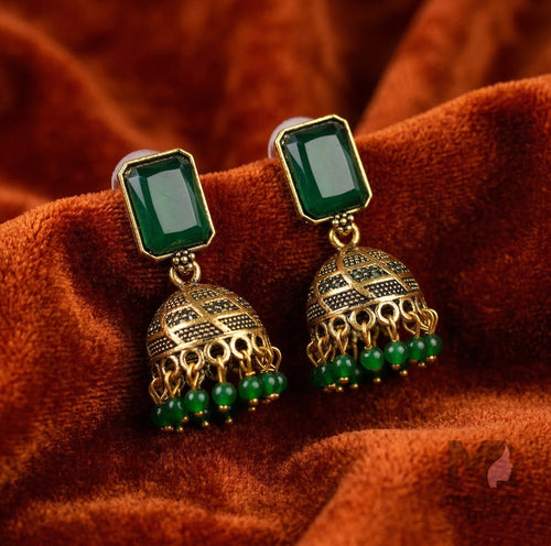 Geometric Stone Jhumka Earrings with Beaded Drops | Antique Ethnic Jewelry for Women