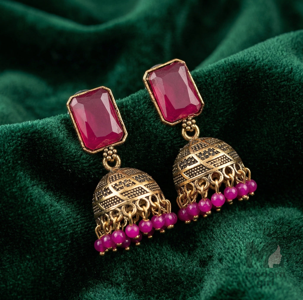 Geometric Stone Jhumka Earrings with Beaded Drops | Antique Ethnic Jewelry for Women