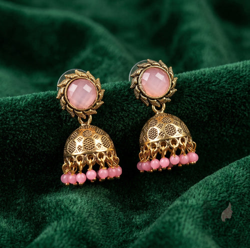 Floral Stone Jhumka Earrings with Beaded Drops | Antique Ethnic Jewelry for Women