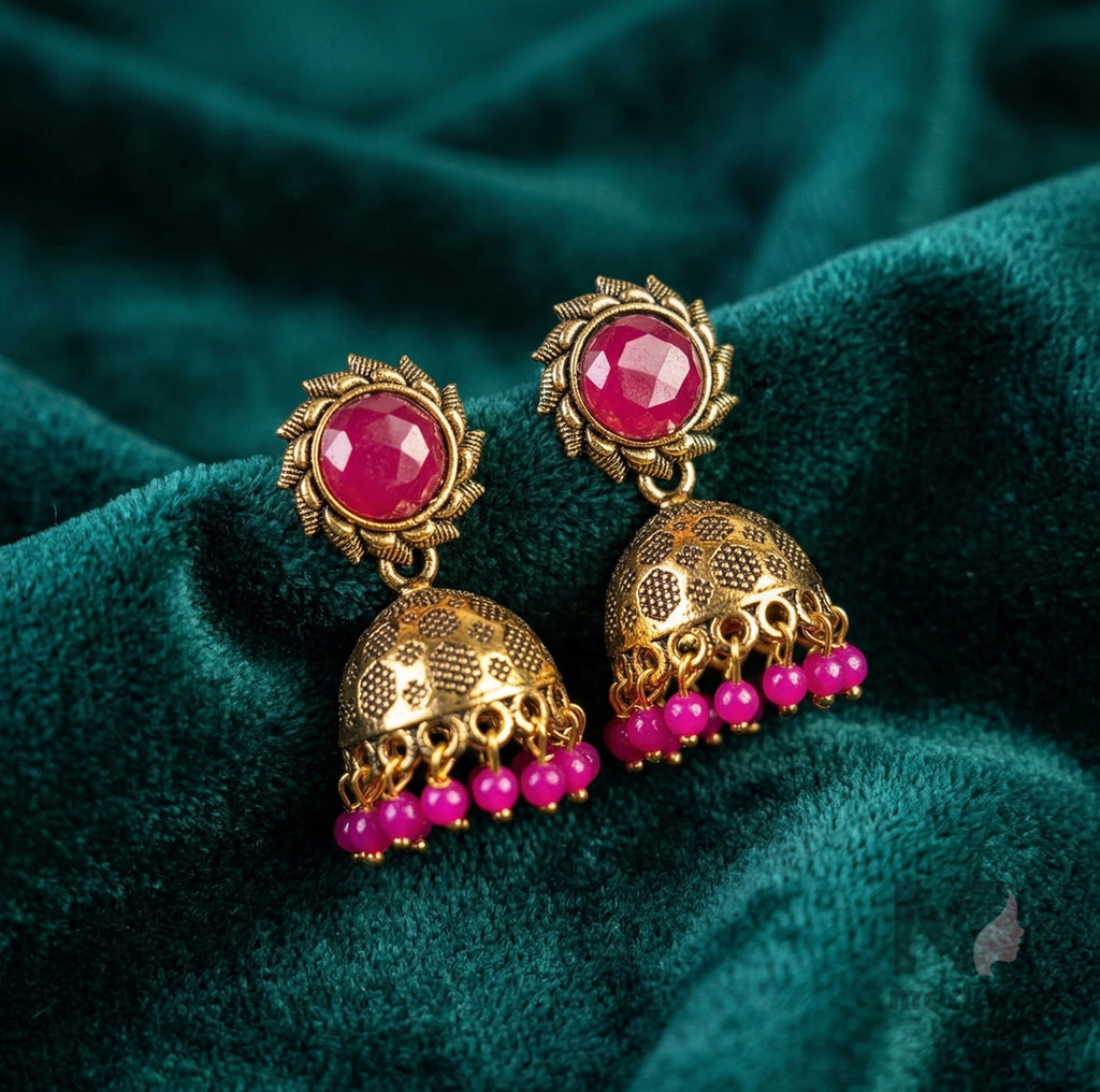 Floral Stone Jhumka Earrings with Beaded Drops | Antique Ethnic Jewelry for Women