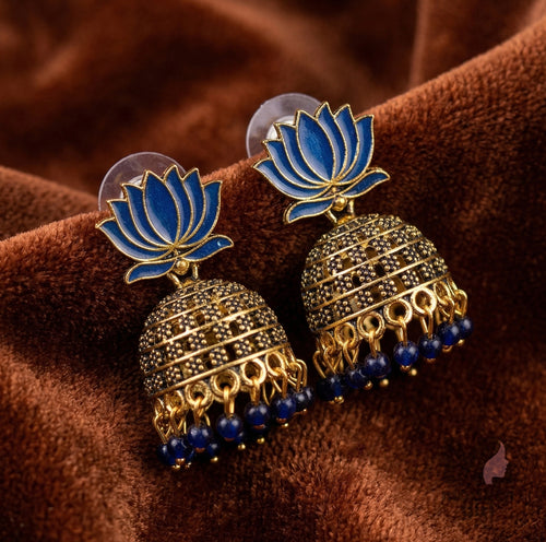 Lotus Design Temple Jhumka Earrings with Beaded Drops