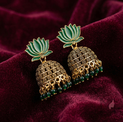 Lotus Design Temple Jhumka Earrings with Beaded Drops