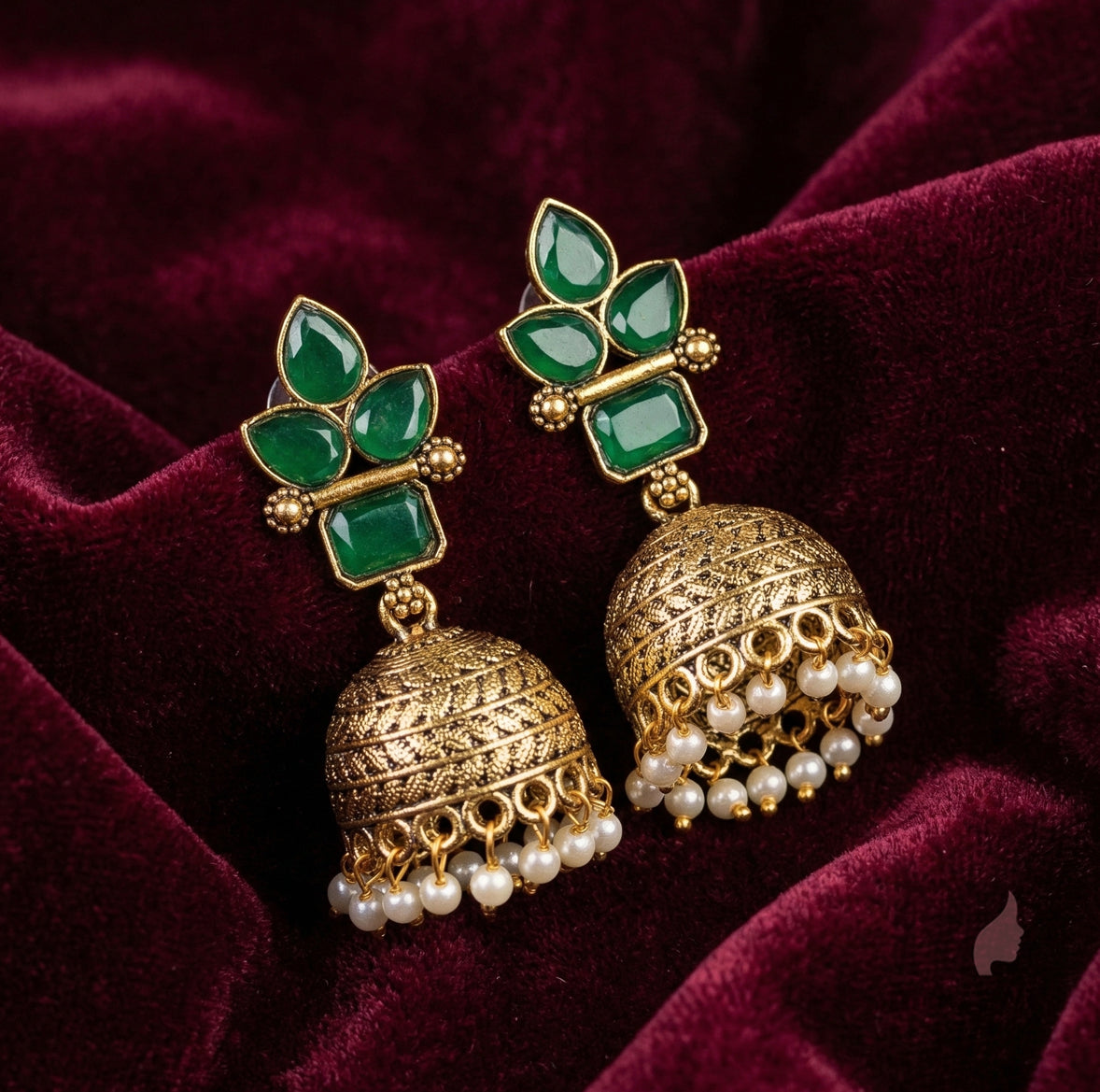 Premium Floral Stone Temple Jhumka Earrings with Pearl Drops