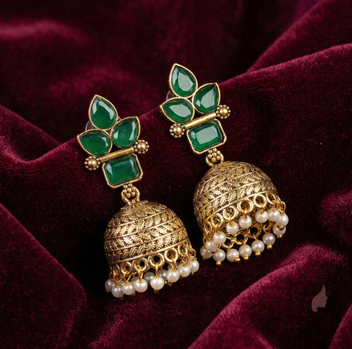 Premium Floral Stone Temple Jhumka Earrings with Pearl Drops