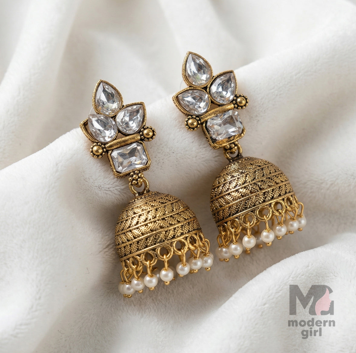 Premium Floral Stone Temple Jhumka Earrings with Pearl Drops