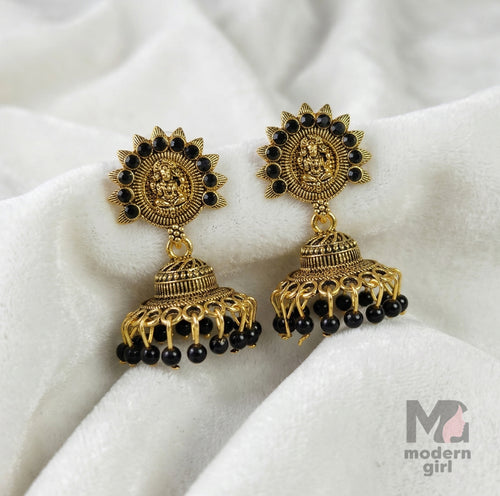 Lakshmi Temple Jhumka Earrings with Stone Detailing & Bead Drops