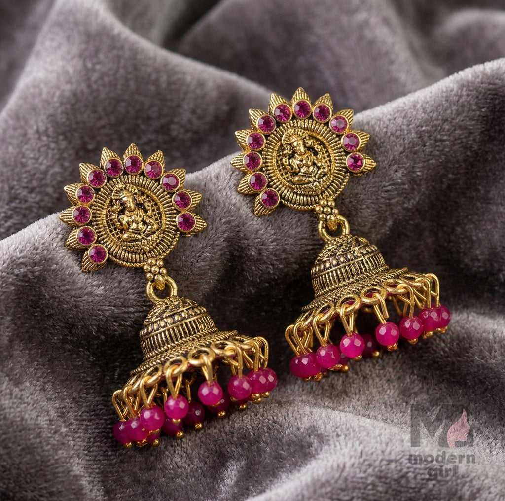 Lakshmi Temple Jhumka Earrings with Stone Detailing & Bead Drops