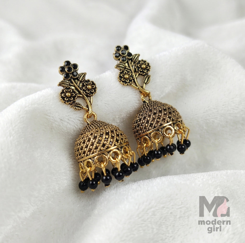 Floral Antique Jhumka Earrings with Bead Drops | Traditional Ethnic Jewelry for Women