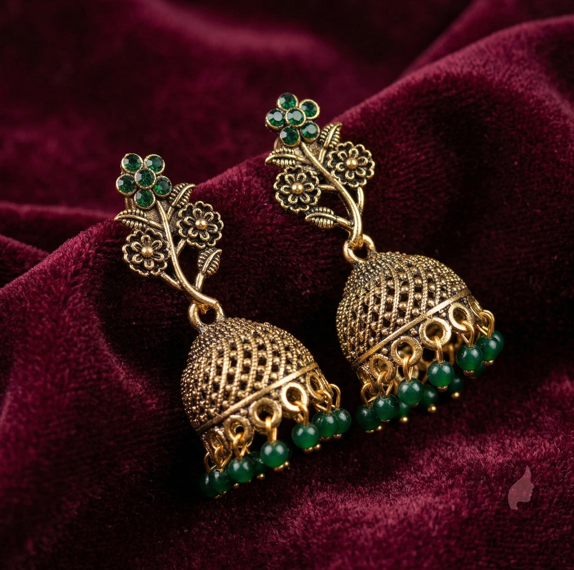 Floral Antique Jhumka Earrings with Bead Drops | Traditional Ethnic Jewelry for Women
