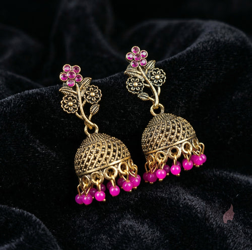 Floral Antique Jhumka Earrings with Bead Drops | Traditional Ethnic Jewelry for Women