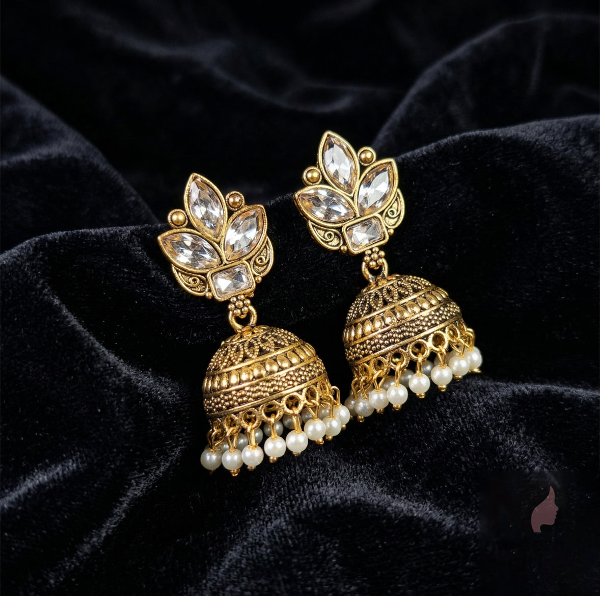 Premium Floral Stone Jhumka Earrings with Pearl Drops