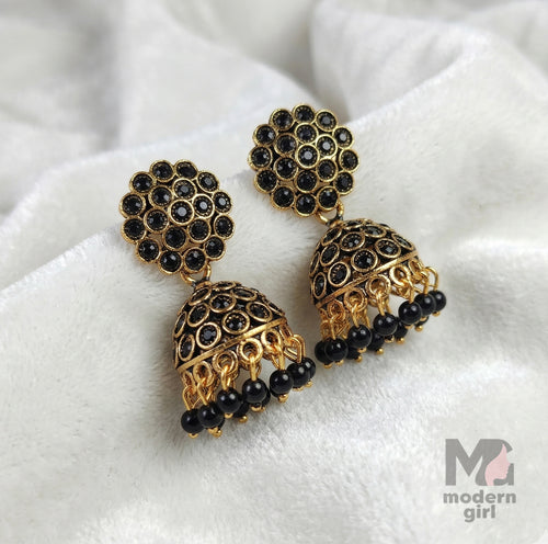 Premium Stone Studded Jhumka Earrings with Bead Drops