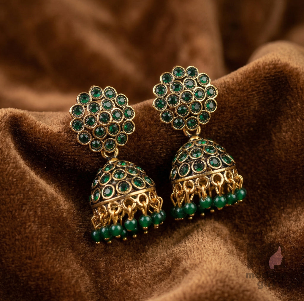 Premium Stone Studded Jhumka Earrings with Bead Drops