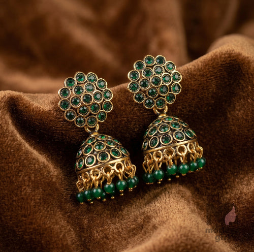 Premium Stone Studded Jhumka Earrings with Bead Drops