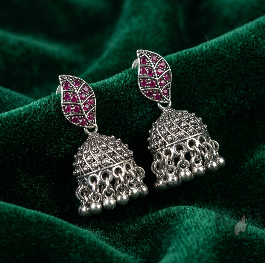 Leaf Design Silver Jhumka Earrings – Antique Oxidised Ethnic Design