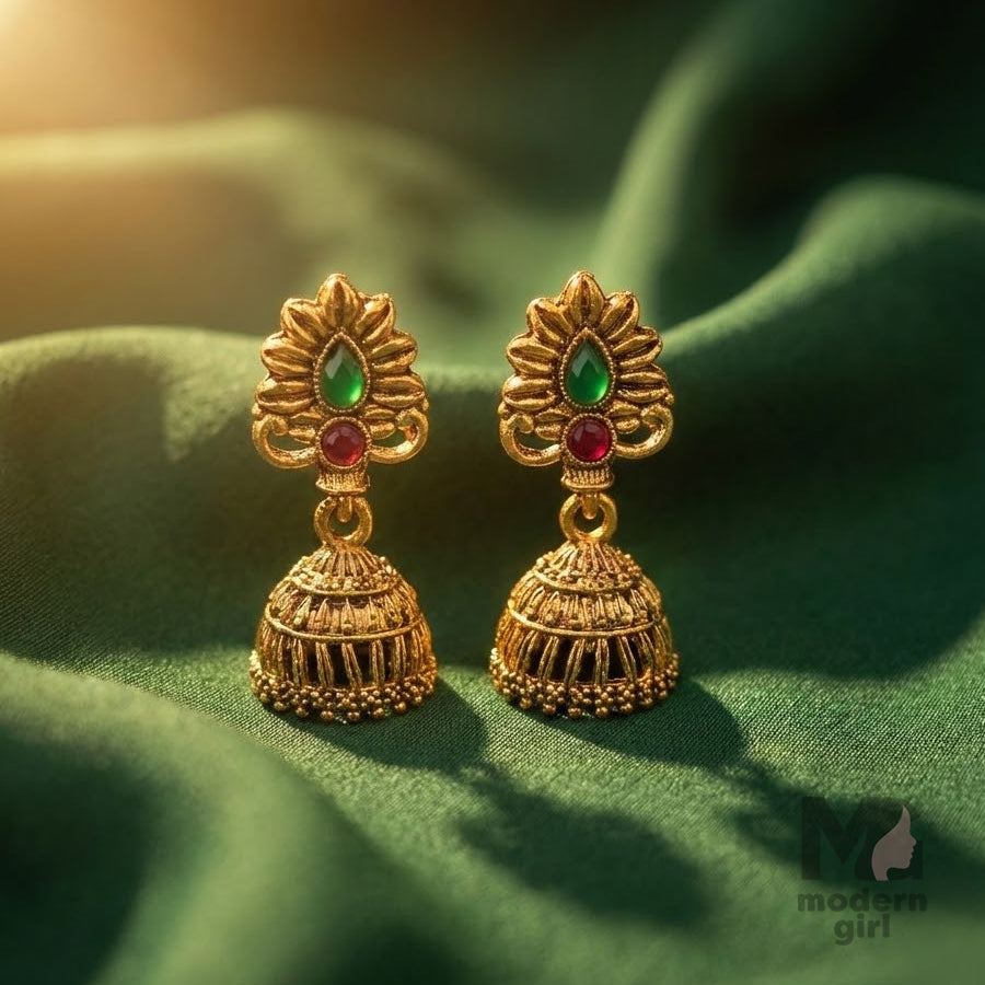 Gold Plated Temple Jhumka Earrings with Green Red Stone