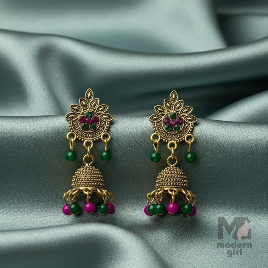 Antique Floral Jhumka Earrings with Green & Pink Beads