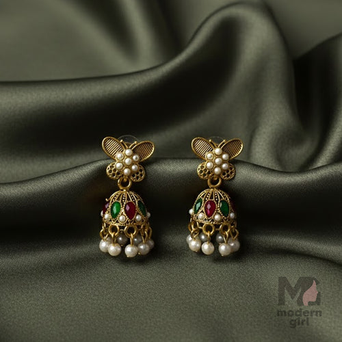Pearl Studded Traditional Jhumka Earrings with Green & Red Stones