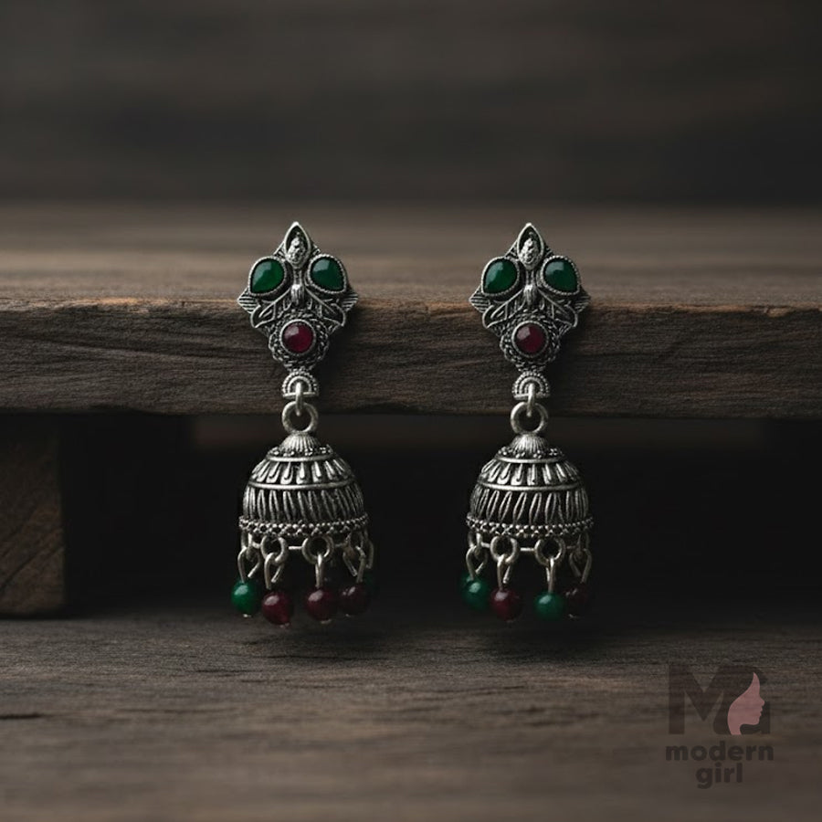 Oxidised Silver Temple Jhumka Earrings
